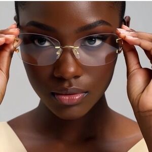 Women Modern Sophisticated SUNGLASSES Rimless Gold Frame Clear Lens Female Ladys